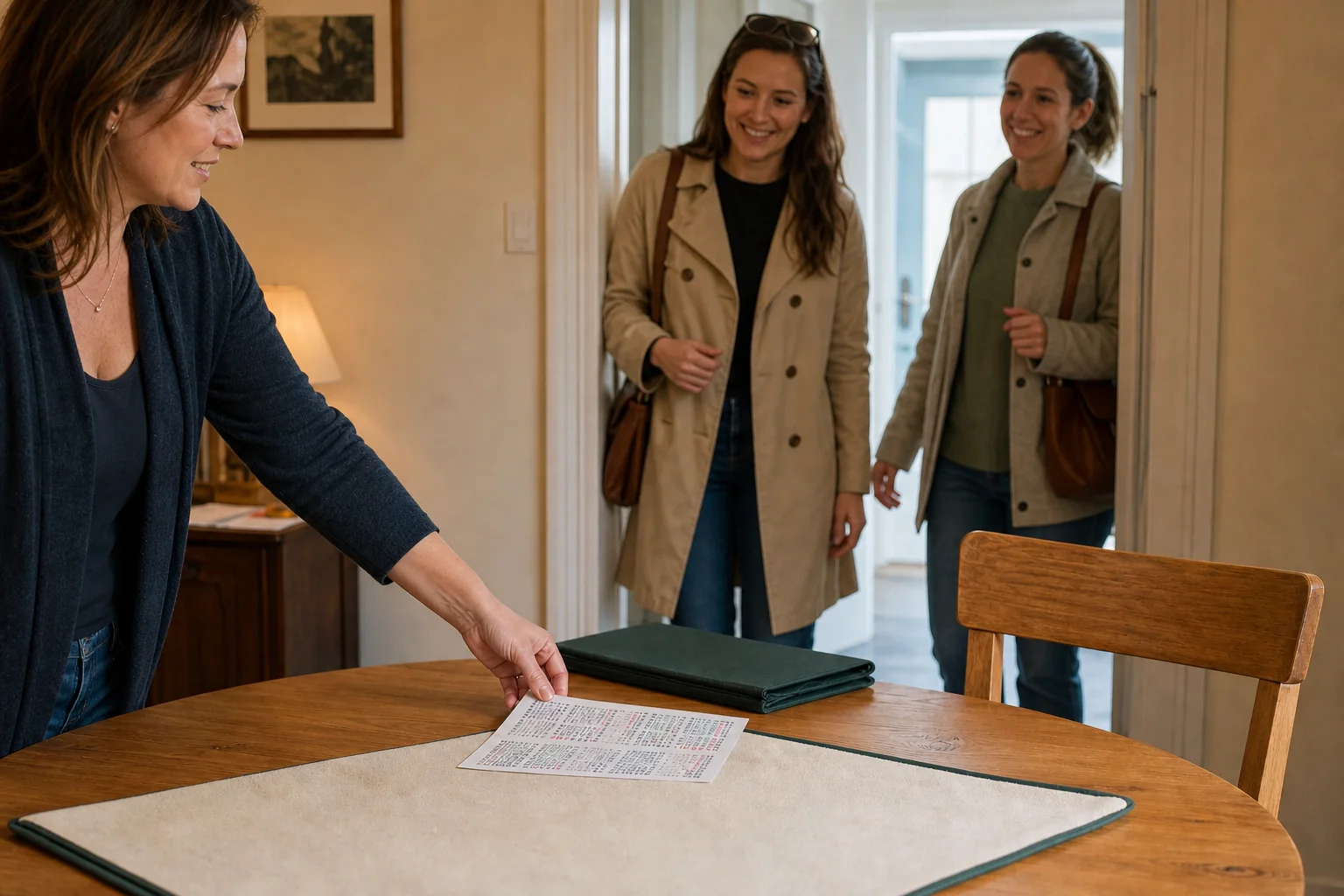 A host in her thirties preparing an open place for friends at an American mahjong table